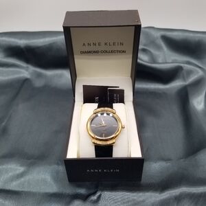Anne Klein Diamond Collection Rose Gold Bezel, Leather Strap Watch